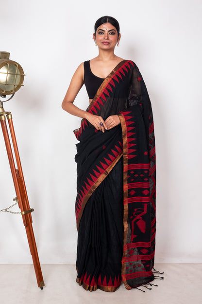 Black Linen by Linen with Red Jamdani Woven Saree