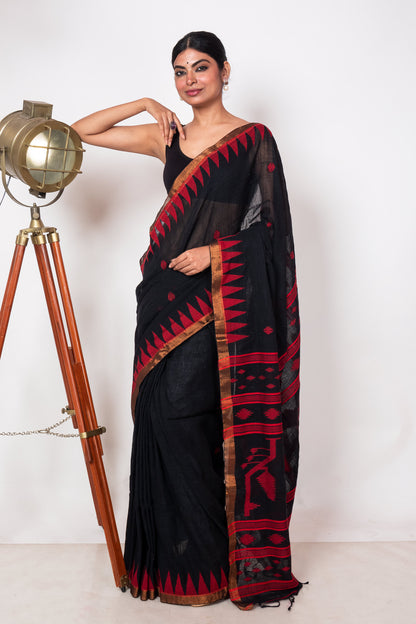 Black Linen by Linen with Red Jamdani Woven Saree