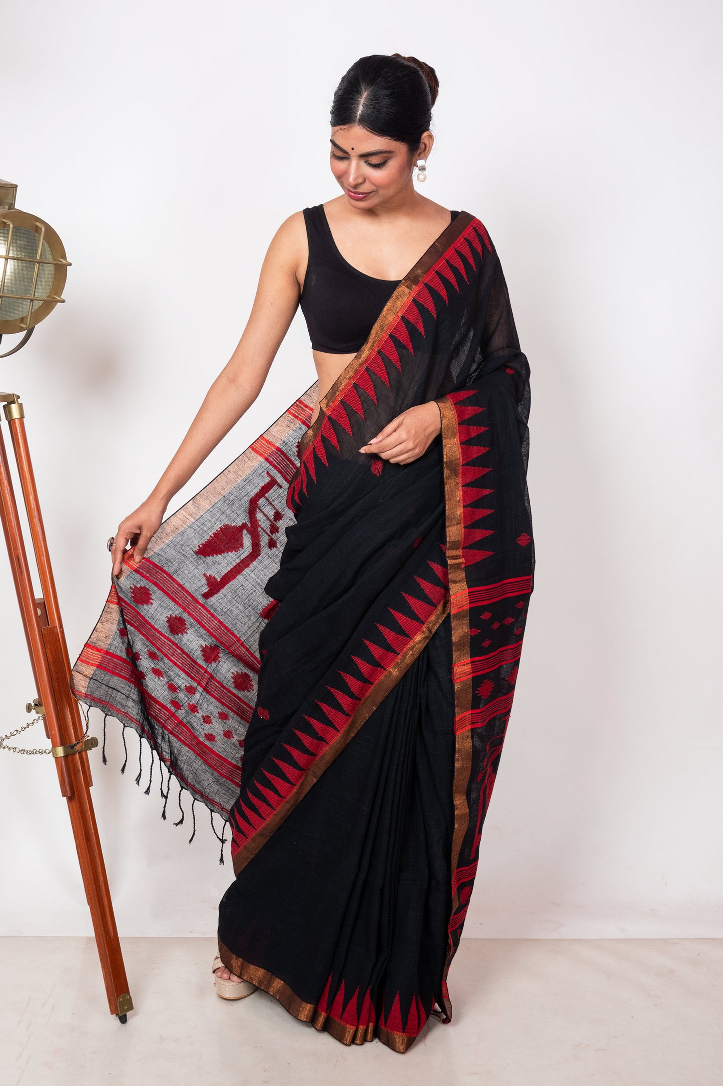 Black Linen by Linen with Red Jamdani Woven Saree