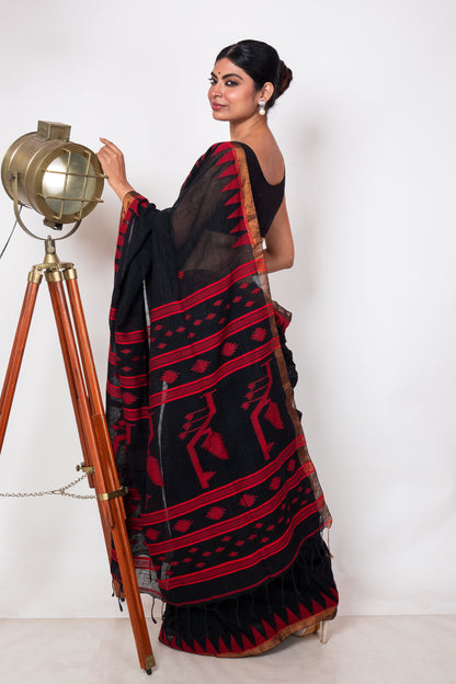 Black Linen by Linen with Red Jamdani Woven Saree