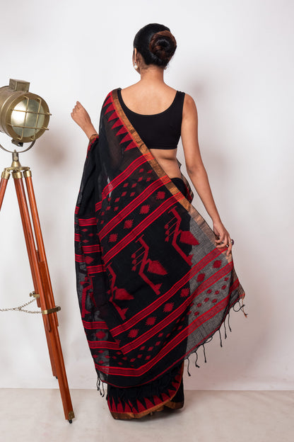 Black Linen by Linen with Red Jamdani Woven Saree