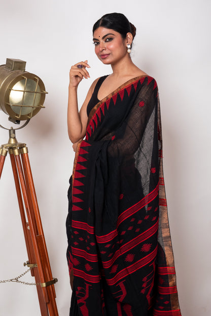 Black Linen by Linen with Red Jamdani Woven Saree