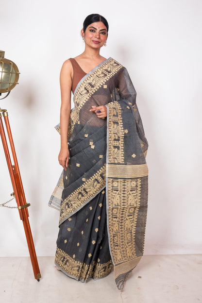 Grey Beige Bengal Jamdani Saree