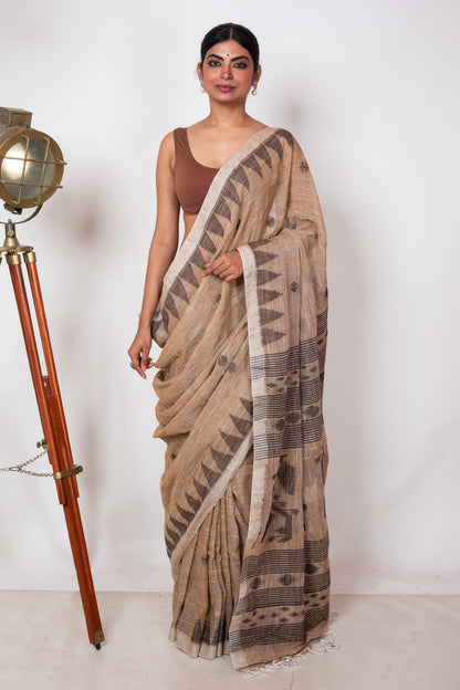 Biscuit Brown Linen by Linen with Black Jamdani Woven Saree