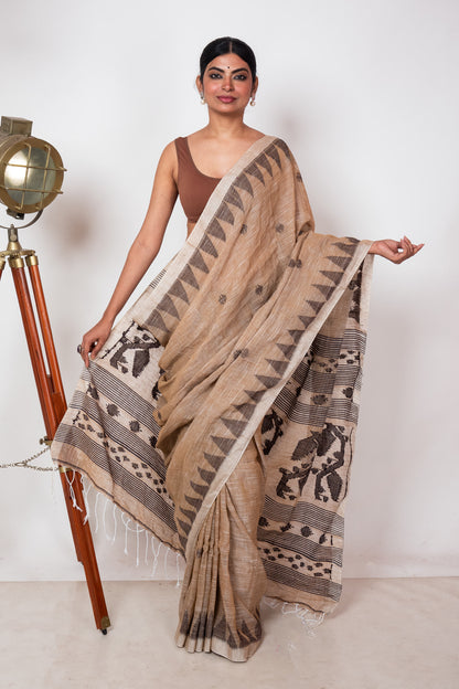 Biscuit Brown Linen by Linen with Black Jamdani Woven Saree