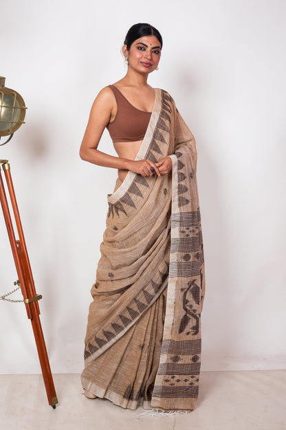 Biscuit Brown Linen by Linen with Black Jamdani Woven Saree