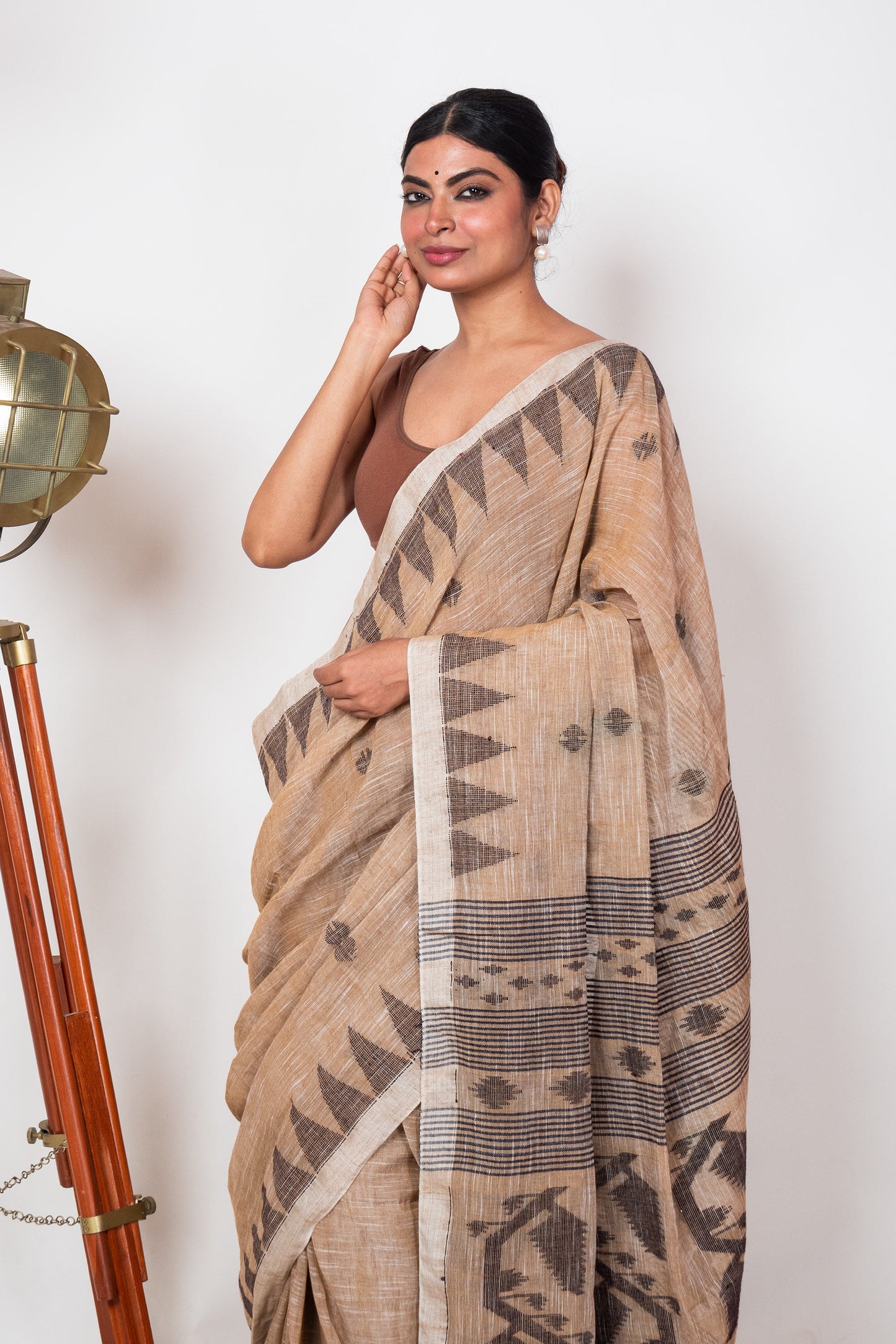 Biscuit Brown Linen by Linen with Black Jamdani Woven Saree