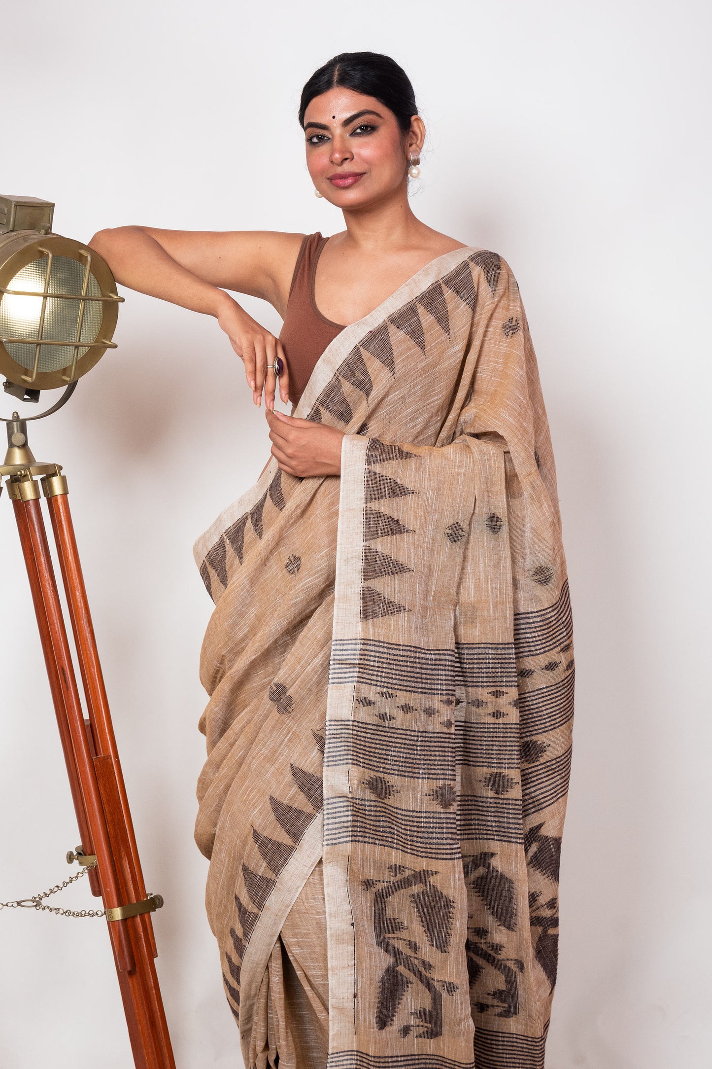 Biscuit Brown Linen by Linen with Black Jamdani Woven Saree