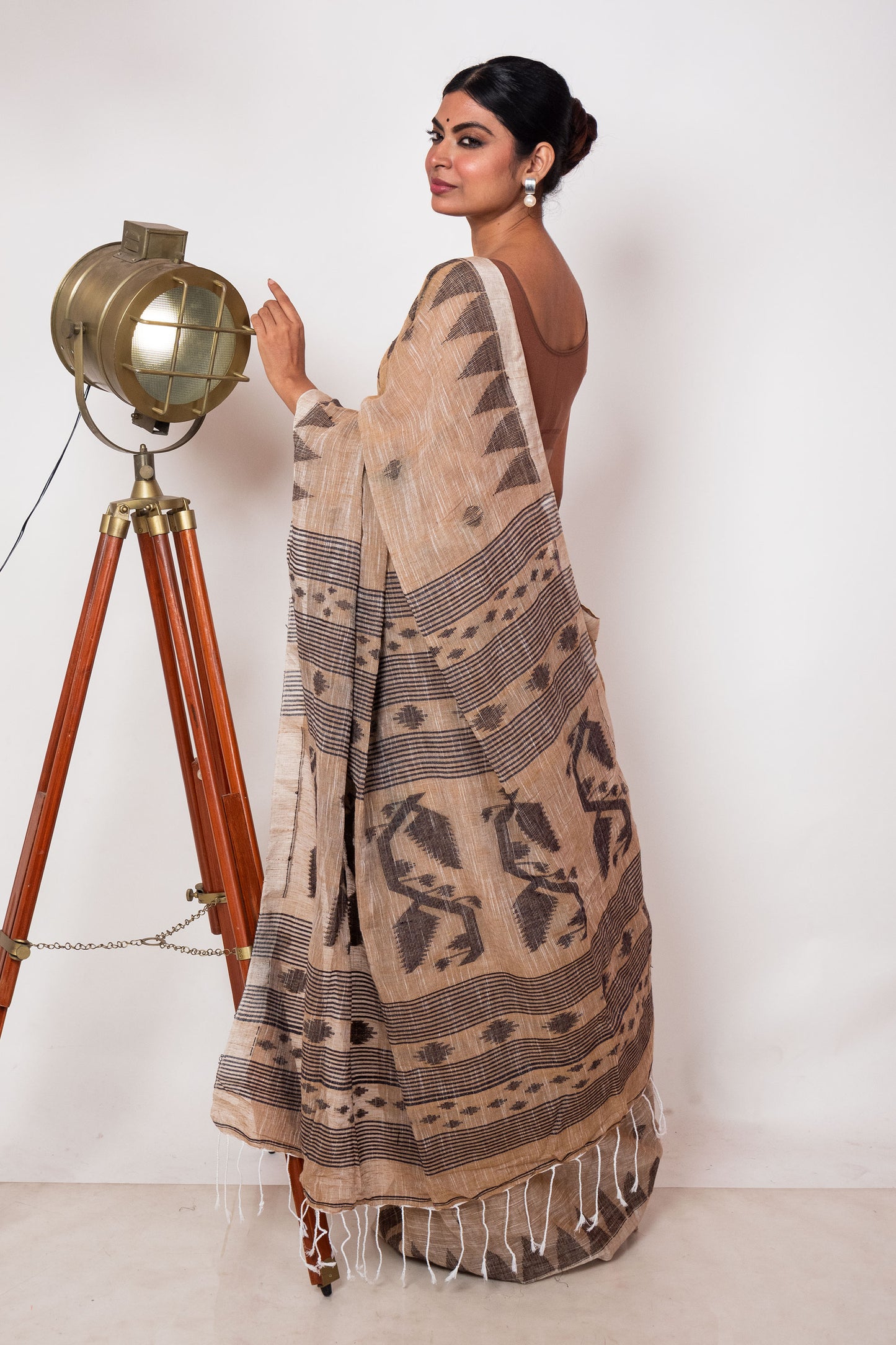 Biscuit Brown Linen by Linen with Black Jamdani Woven Saree