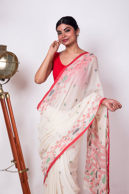 Off White Purely Handloom Needle Multicolor Woven Jamdani Saree