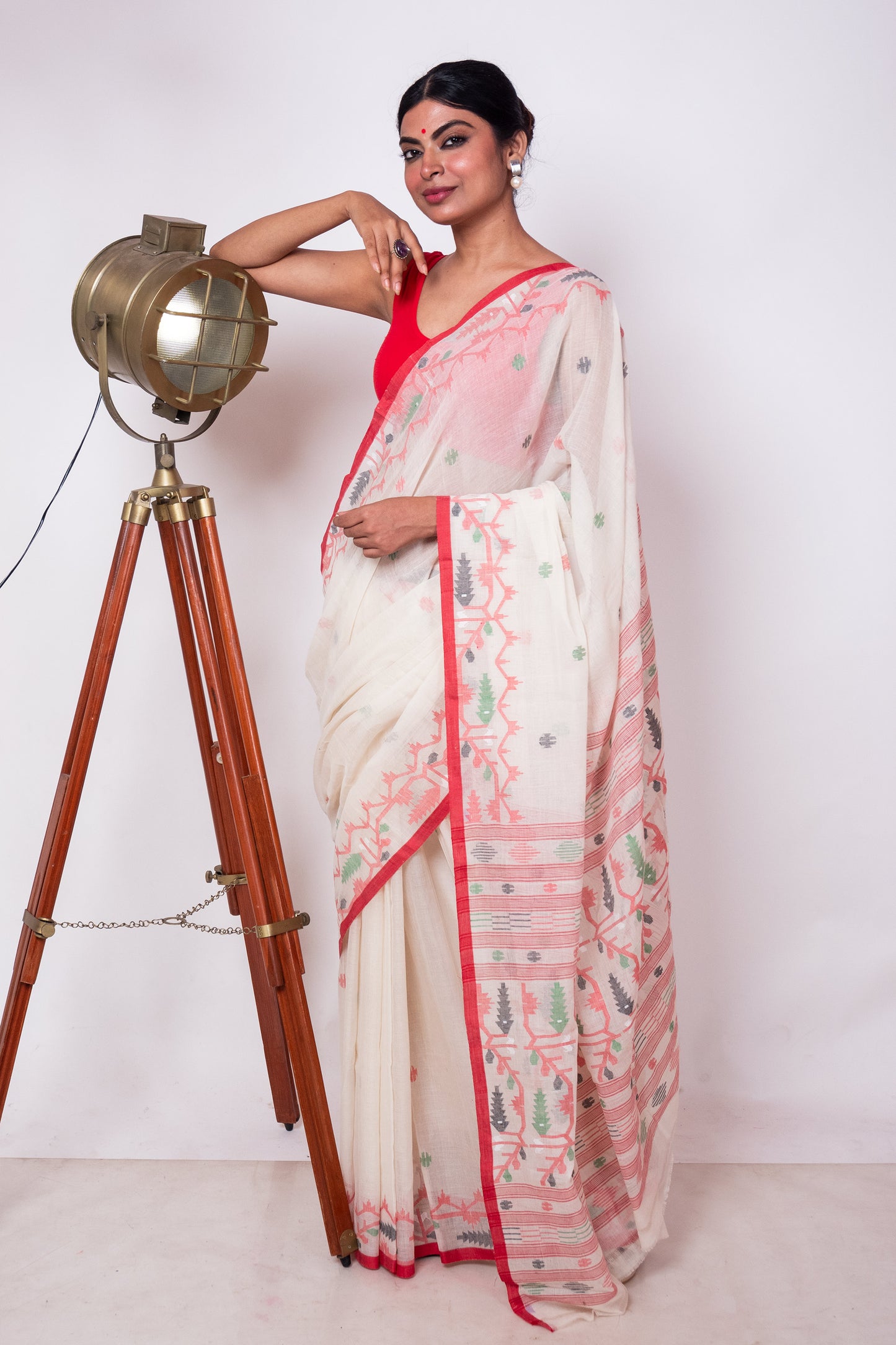 Off White Purely Handloom Needle Multicolor Woven Jamdani Saree