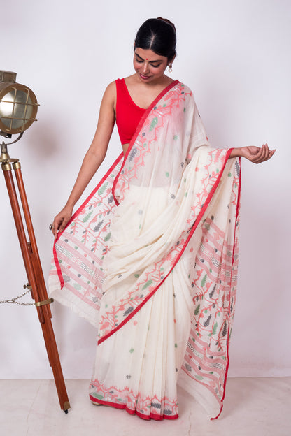 Off White Purely Handloom Needle Multicolor Woven Jamdani Saree