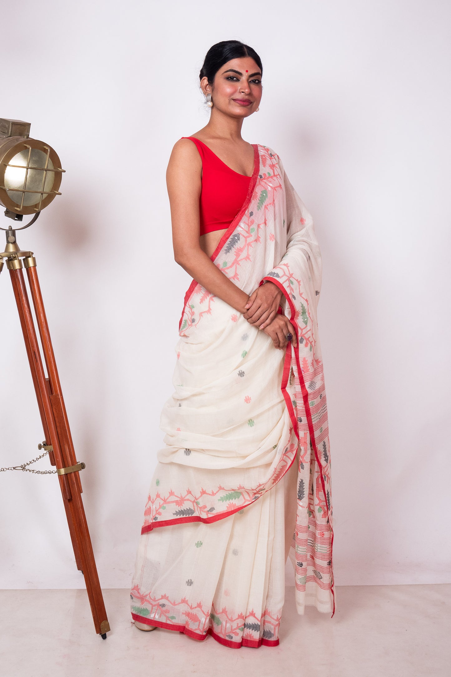 Off White Purely Handloom Needle Multicolor Woven Jamdani Saree