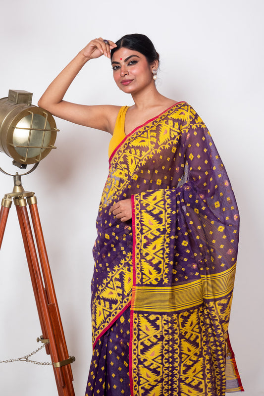 Purple Yellow Bengal Jamdani Saree