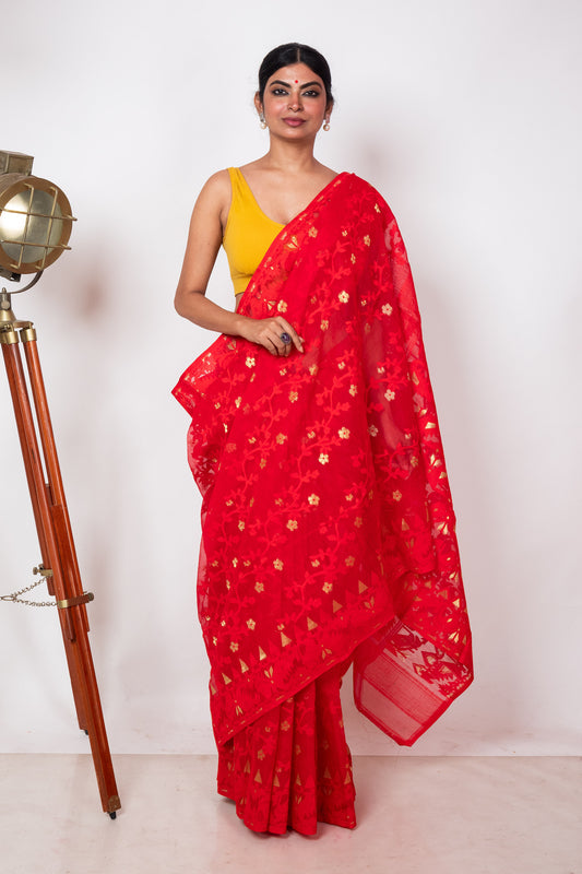 Red on Red Bengal Jamdani Saree