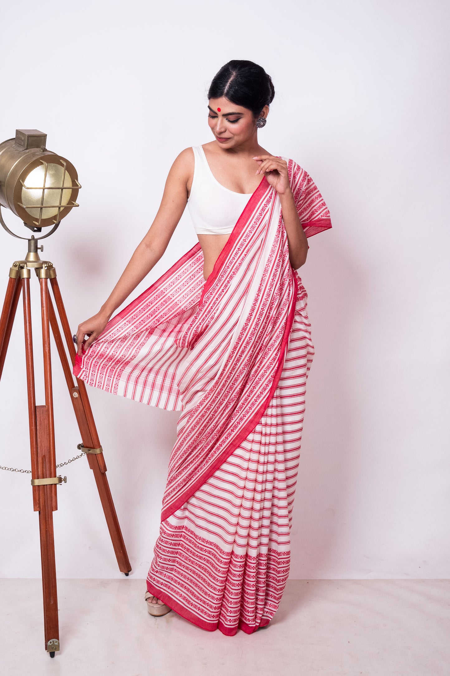 White Red Stripe Cotton Dhaniakhali Saree With Woven Border