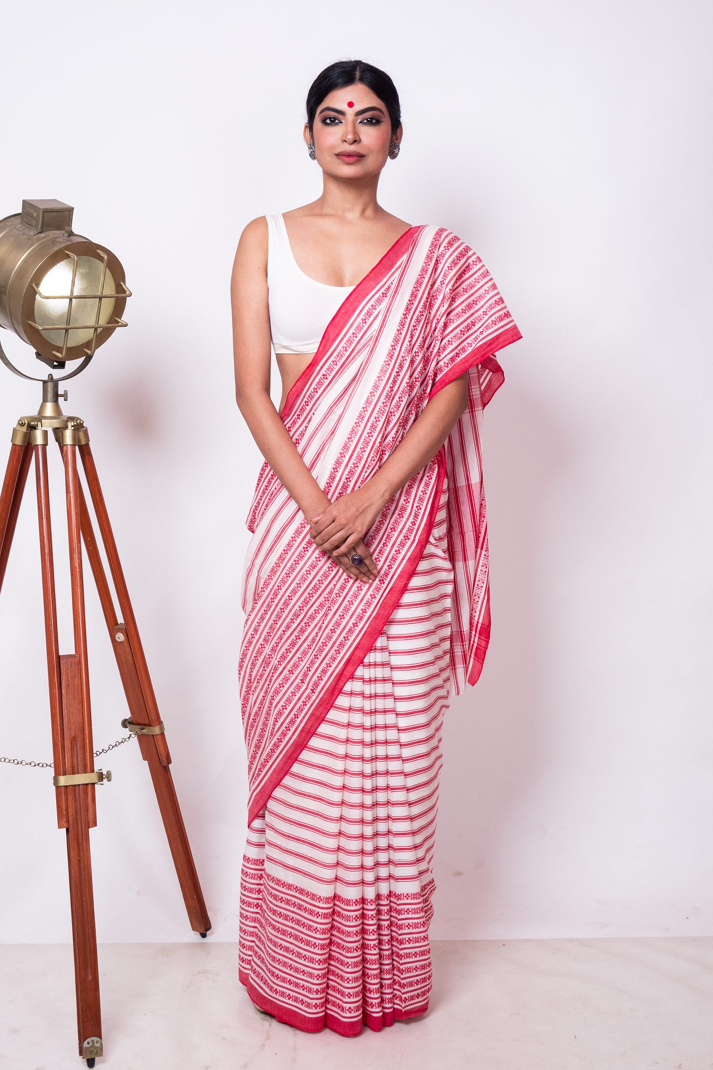 White Red Stripe Cotton Dhaniakhali Saree With Woven Border