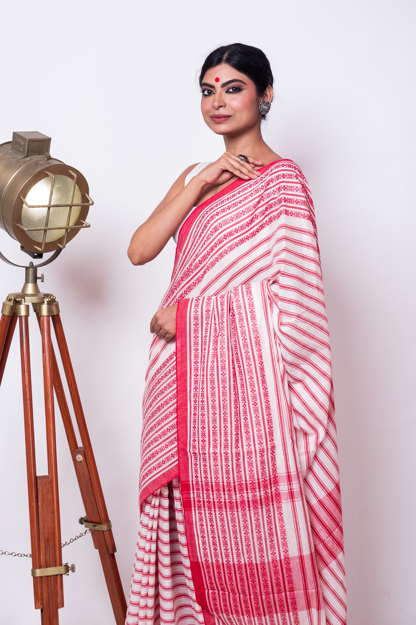 White Red Stripe Cotton Dhaniakhali Saree With Woven Border