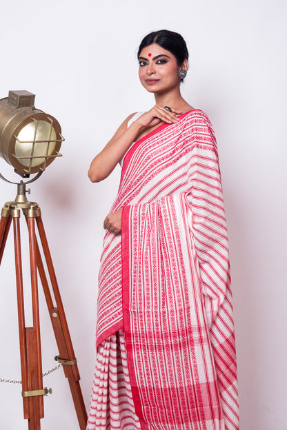 White Red Stripe Cotton Dhaniakhali Saree With Woven Border