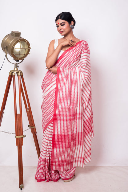 White Red Stripe Cotton Dhaniakhali Saree With Woven Border