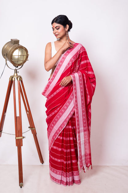 Red Cotton Dhaniakhali Saree with Woven Fish Stripes