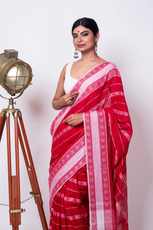 Red Cotton Dhaniakhali Saree with Woven Fish Stripes