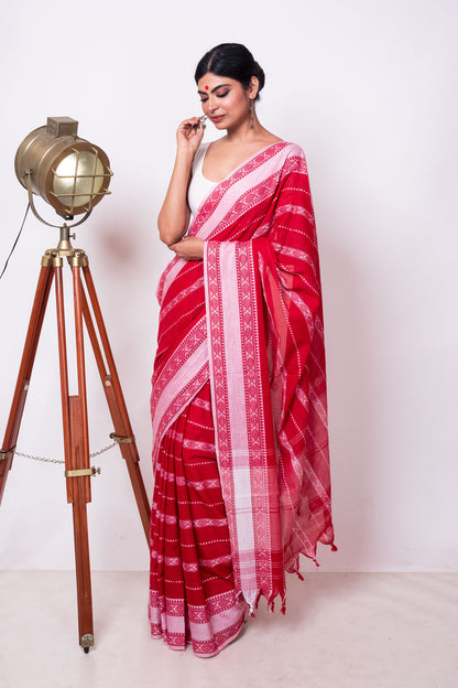 Red Cotton Dhaniakhali Saree with Woven Fish Stripes