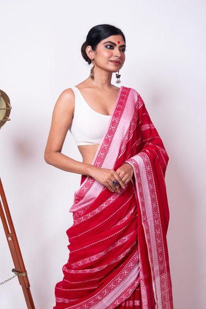 Red Cotton Dhaniakhali Saree with Woven Fish Stripes