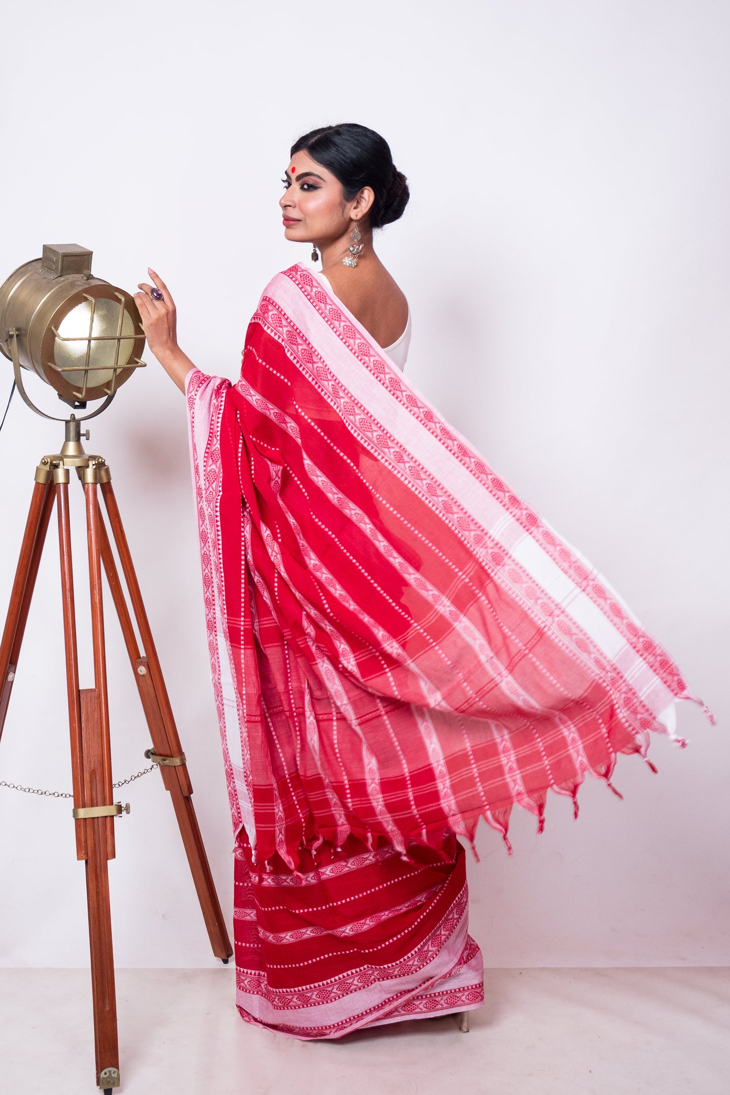 Red Cotton Dhaniakhali Saree with Woven Fish Stripes