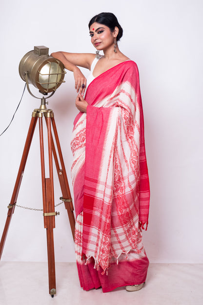 White Red Fish Woven Stripe Cotton Dhaniakhali Saree