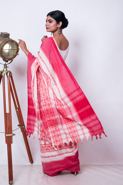 White Red Fish Woven Stripe Cotton Dhaniakhali Saree