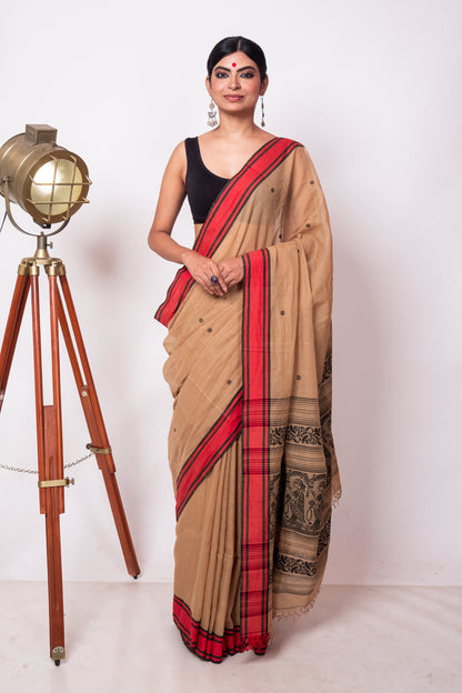 Chai Cotton Handloom Woven Human Figure Baluchari Saree