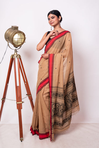 Chai Cotton Handloom Woven Human Figure Baluchari Saree