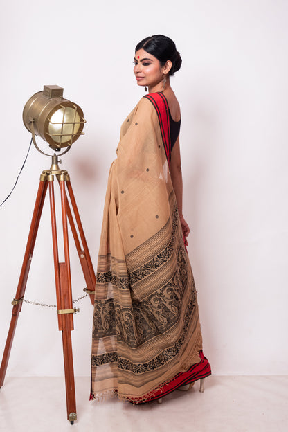 Chai Cotton Handloom Woven Human Figure Baluchari Saree