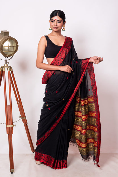 Black Cotton Handloom Woven Human Figure Baluchari Saree