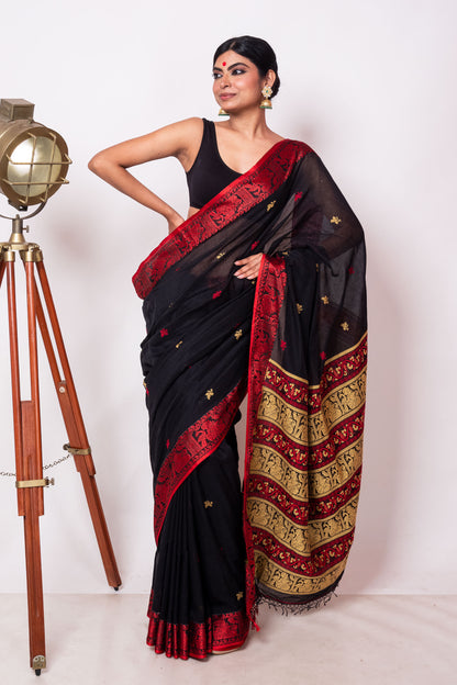 Black Cotton Handloom Woven Human Figure Baluchari Saree