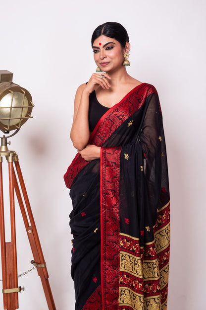 Black Cotton Handloom Woven Human Figure Baluchari Saree