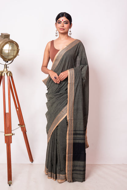 Seaweed Cotton Dhaniakhali Saree with Beige Woven Borders