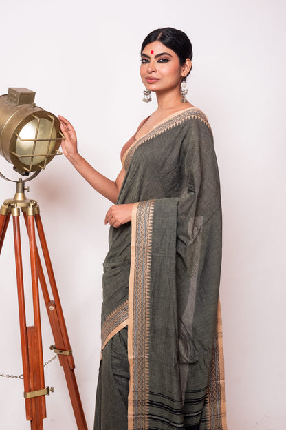 Seaweed Cotton Dhaniakhali Saree with Beige Woven Borders