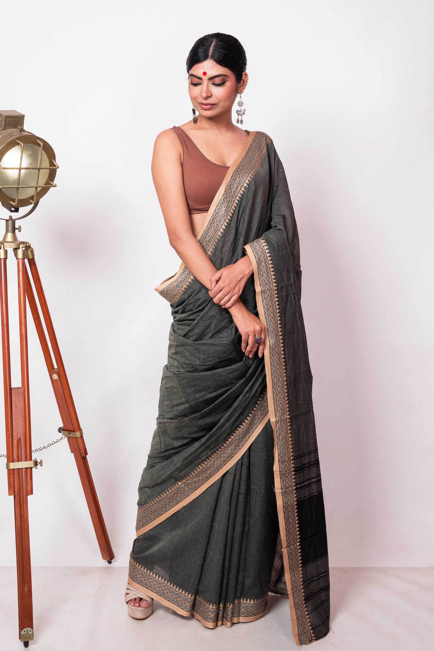 Seaweed Cotton Dhaniakhali Saree with Beige Woven Borders