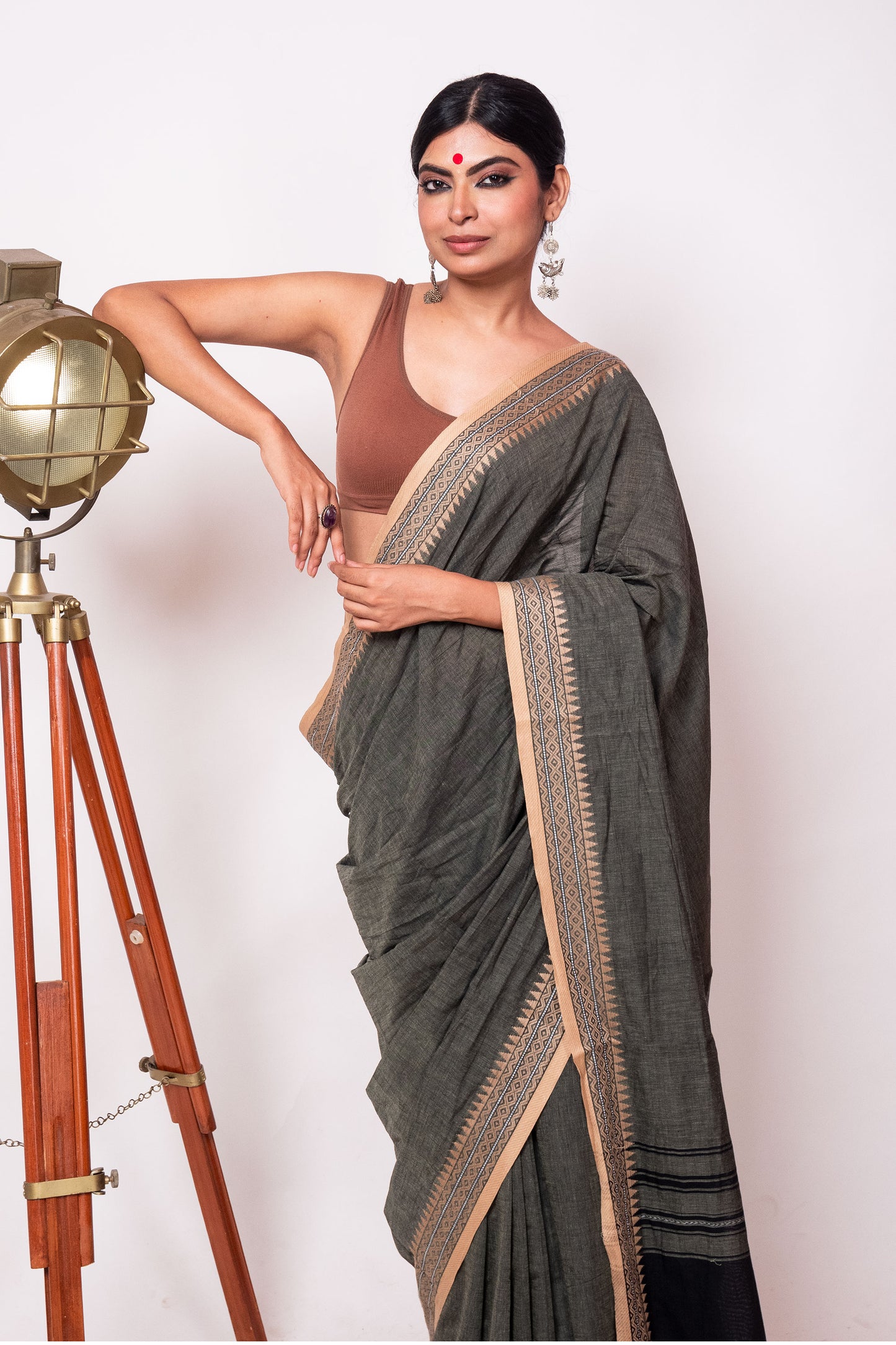 Seaweed Cotton Dhaniakhali Saree with Beige Woven Borders