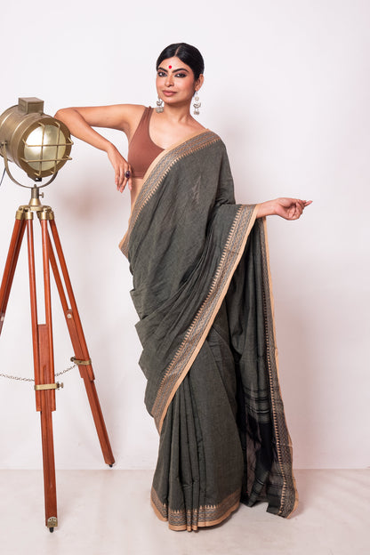 Seaweed Cotton Dhaniakhali Saree with Beige Woven Borders