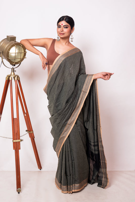 Seaweed Green Cotton Dhaniakhali Saree with Beige Woven Borders