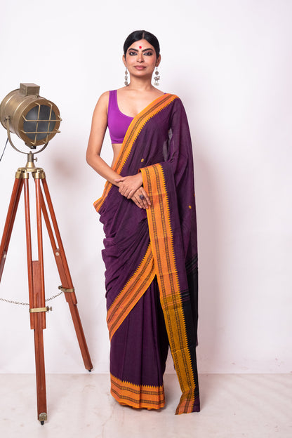 Purple Cotton Dhaniakhali Saree with Yellow Woven Borders