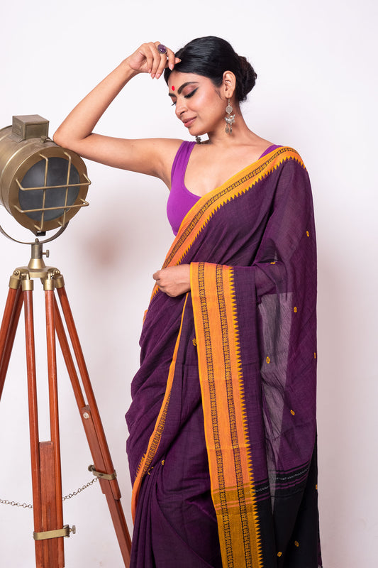 Purple Cotton Dhaniakhali Saree with Yellow Woven Borders