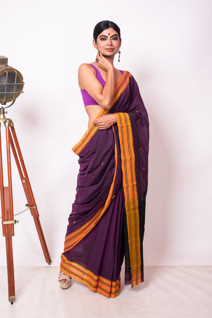 Purple Cotton Dhaniakhali Saree with Yellow Woven Borders