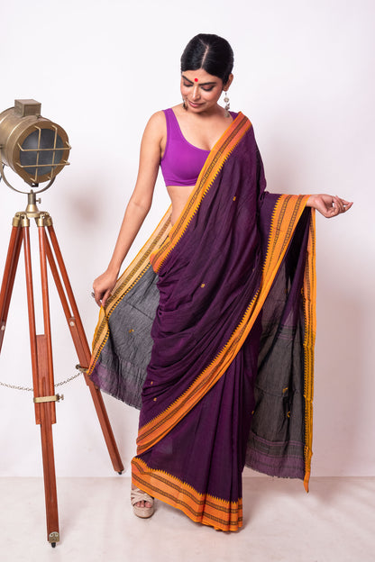 Purple Cotton Dhaniakhali Saree with Yellow Woven Borders