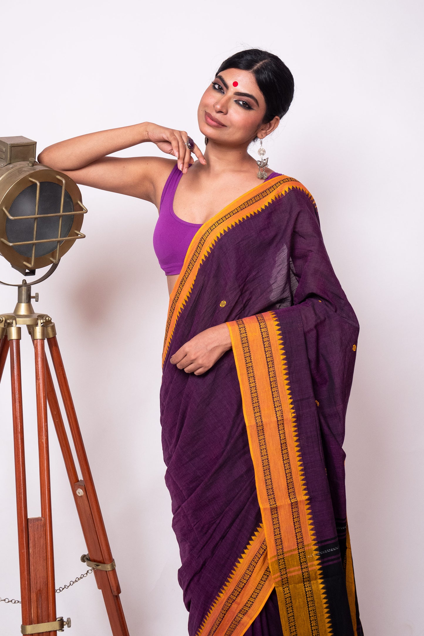 Purple Cotton Dhaniakhali Saree with Yellow Woven Borders