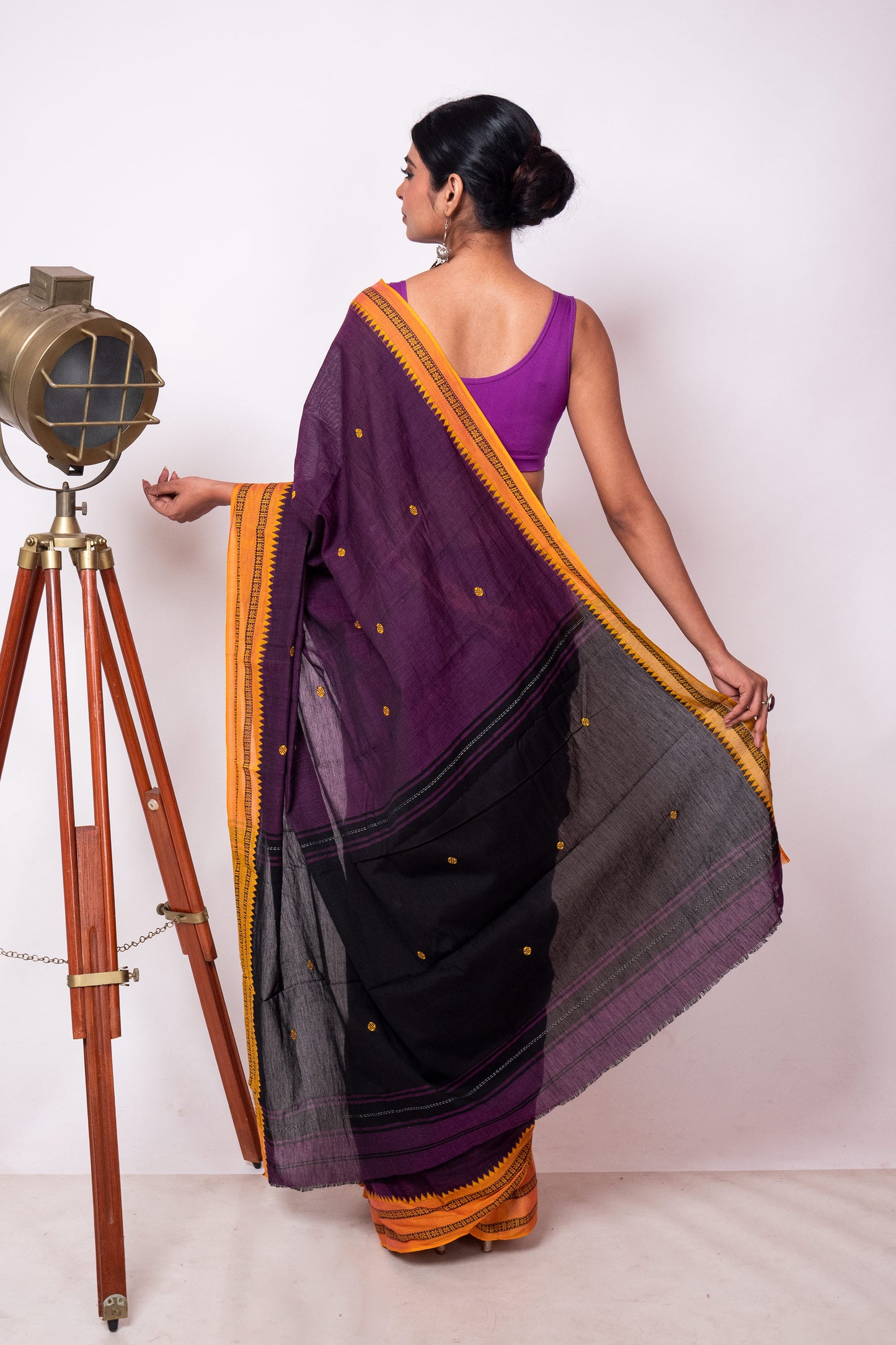 Purple Cotton Dhaniakhali Saree with Yellow Woven Borders