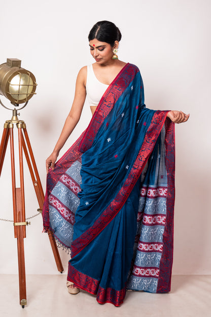 Blue Cotton Handloom Woven Human Figure Baluchari Saree